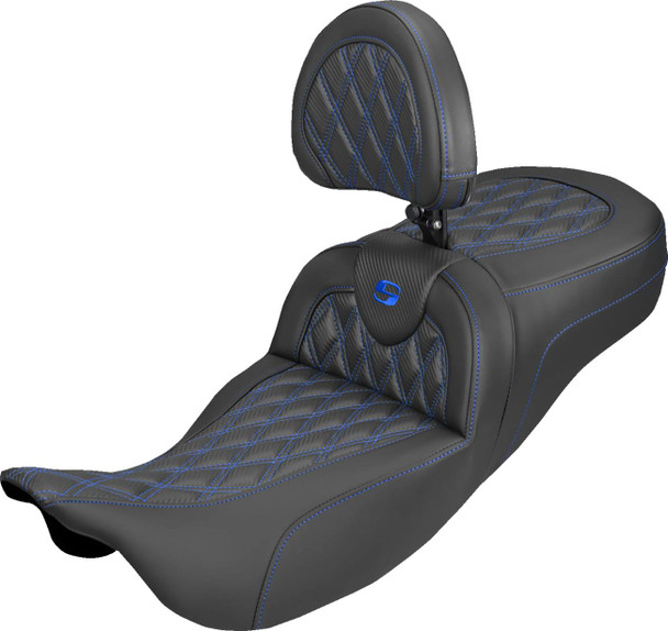 Saddlemen - 808-07B-207B1 - Extended Reach Roadsofa™ Carbon Fiber Seat - Lattice - Blue Stitch - With Backrest - FL '08-'25