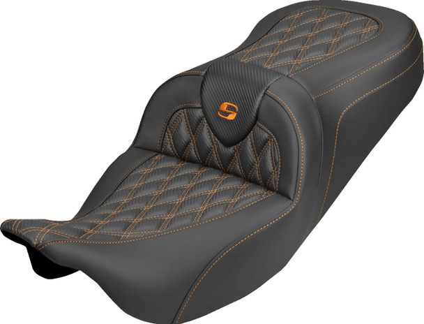 Saddlemen - 808-07B-20603 - Roadsofa™ Carbon Fiber Seat - Lattice - Orange Stitch - Without Backrest - FLH/FLT '08-'25