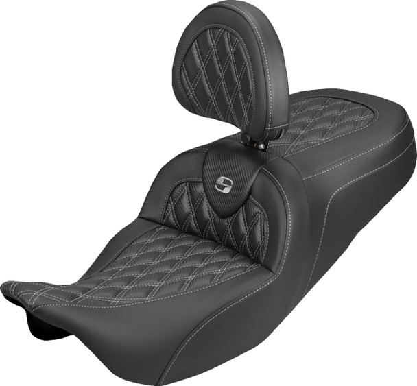 Saddlemen - 808-07B-206B5 - Roadsofa™ Carbon Fiber Seat - Lattice - Silver Stitch - With Backrest - FLH/FLT '08-'25