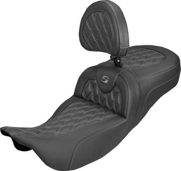 Saddlemen - 808-07B-207B2 - Extended Reach Roadsofa™ Carbon Fiber Seat - Lattice - Gray Stitch - With Backrest - FL '08-'25