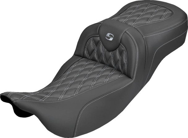 Saddlemen - 808-07B-20705 - Extended Reach Roadsofa™ Carbon Fiber Seat - Lattice - Silver Stitch - Without Backrest - FL '08-'25