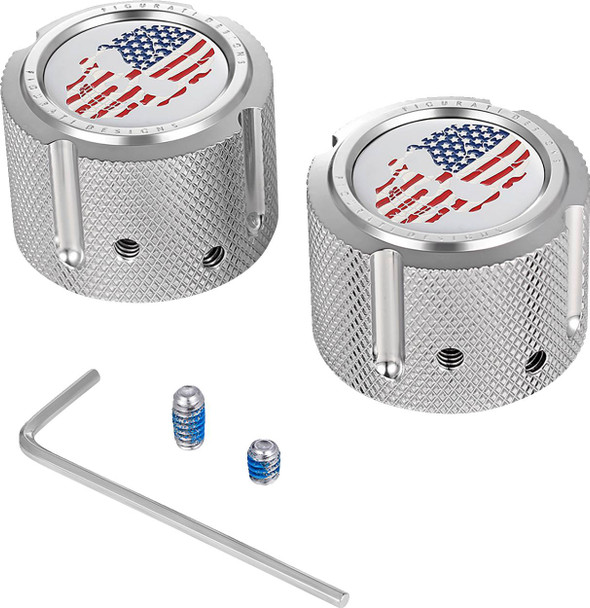 Figurati Designs - FD24-FAC-SS - Axle Nut Cover - Front - Stainless Steel - Red/White/Blue Flag Skull - Silver