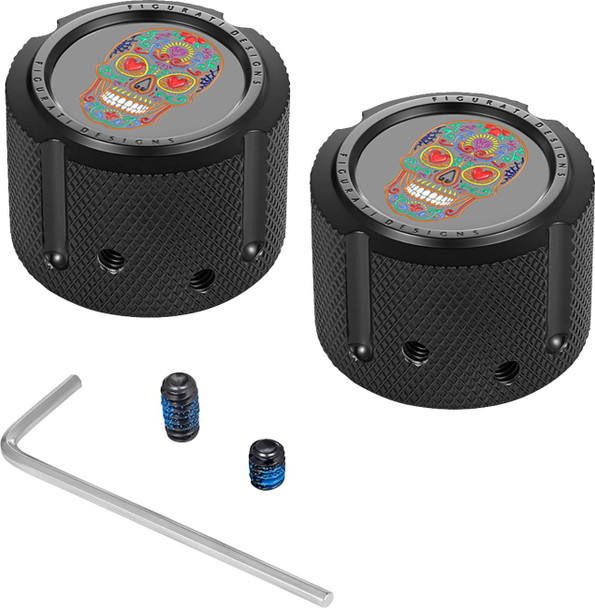 Figurati Designs - FD30-FAC-BLK - Axle Nut Cover - Front - Stainless Steel - Sugar Skull - Black