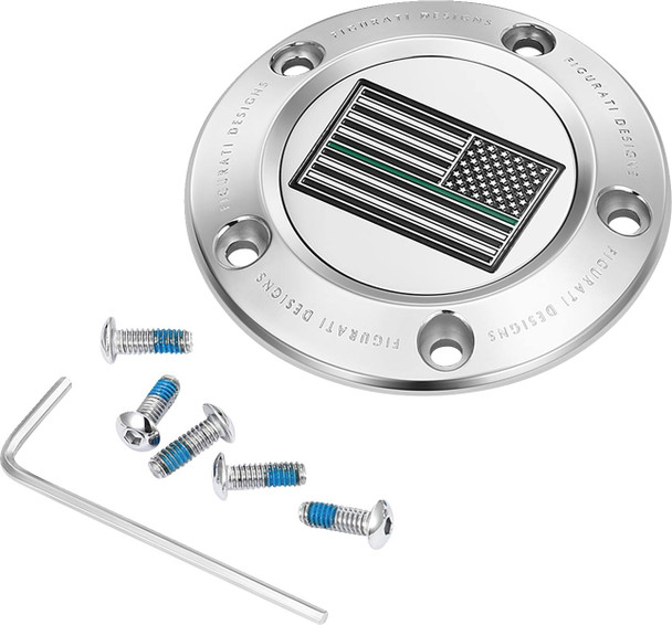 Figurati Designs - FD72-TC-5H-SS - Timing Cover - 5 Hole - Green Line American Flag - Stainless Steel