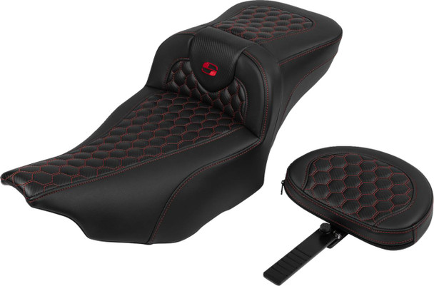 Saddlemen - 823-07-190B4 - Roadsofa™ Extended Reach Seat - with Backrest - Honeycomb - Red Stitch - FLTR/FLHX '23-'24