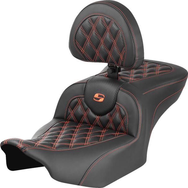 Saddlemen - 823-07-206B3 - RoadSofa™ Seat - with Backrest - Carbon Fiber - Lattice Stitch - Orange Stitch - FLTR/FLHX '23-'24