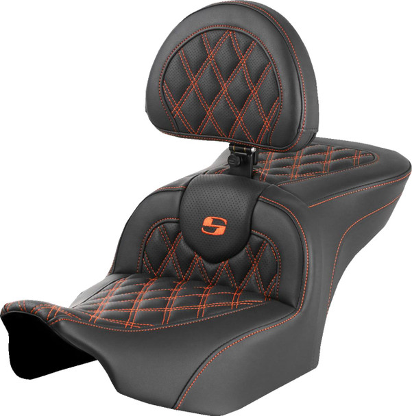 Saddlemen - 823-07-182B3 - RoadSofa™ Seat - with Backrest - Lattice Stitch - Orange Stitch - FLTR/FLHX '23-'24