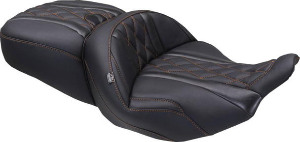 MUSTANG - 08012130 - Deluxe One-Piece, 2-Up Seat - Diamond - Mandarin Orange Stitch - FLT/FLH '23-'25