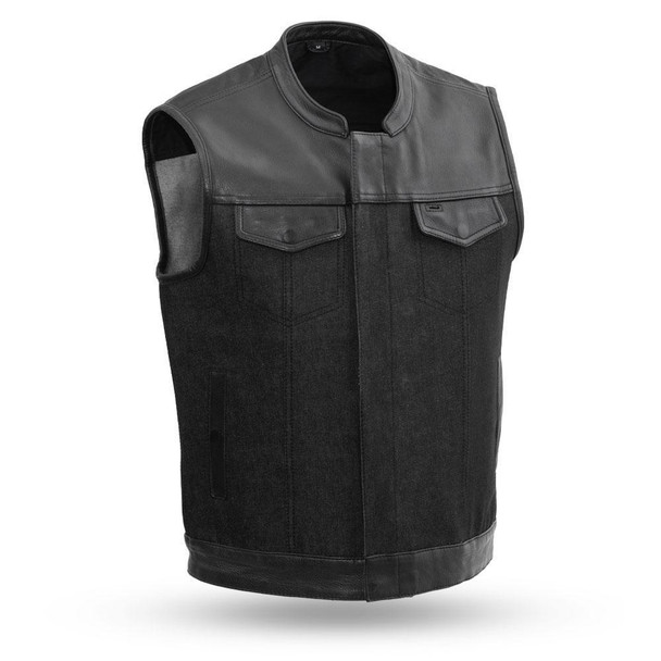  First Mfg 49/51 Denim/ Leather Combo Vest - With Collar 