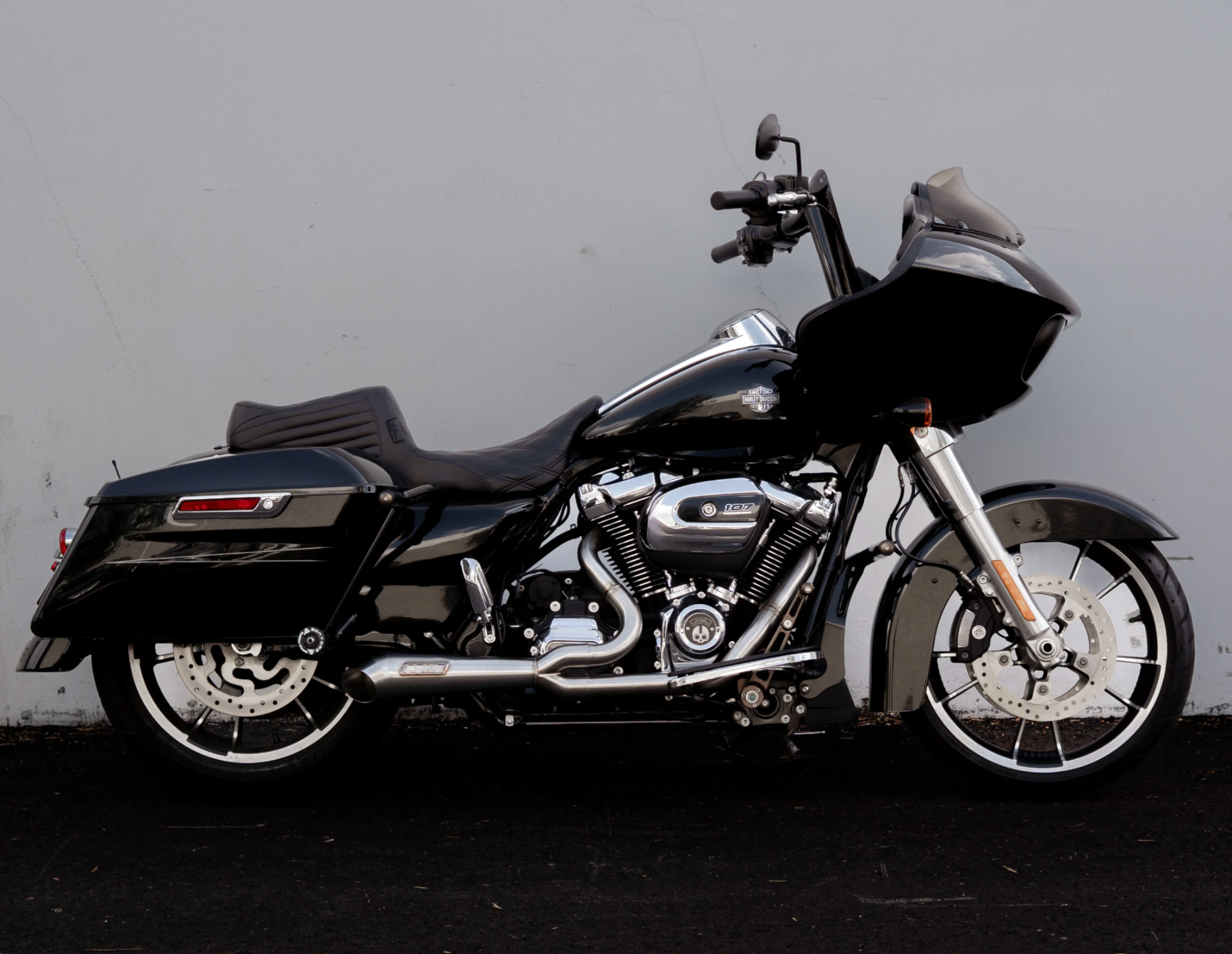Harley Davidson Touring bike with Cone Performance exhaust installed side profile