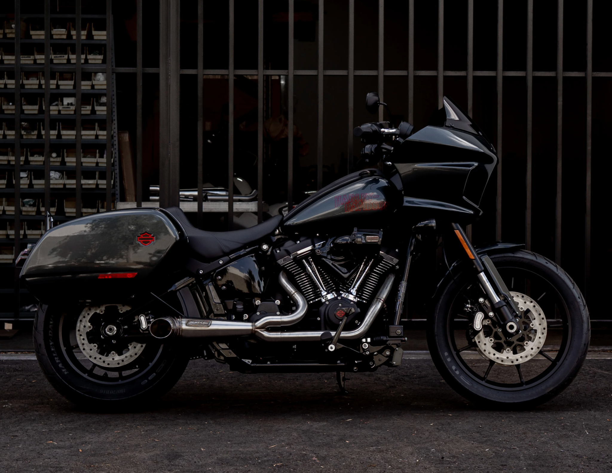Harley Davidson performance bagger with Cone Performance exhaust installed side view