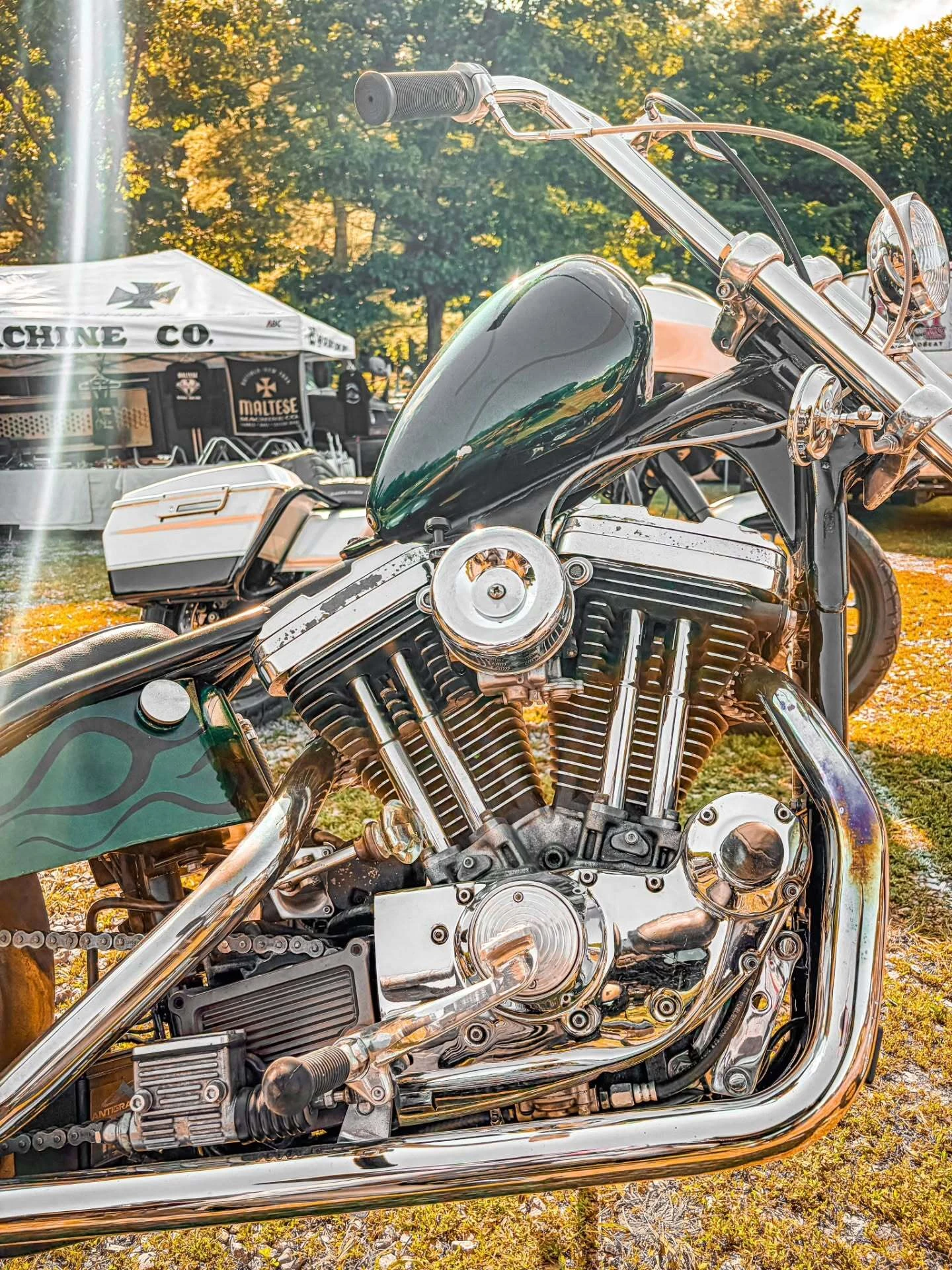 Ironhead Sportster motor and chrome pipes at DBR 2026