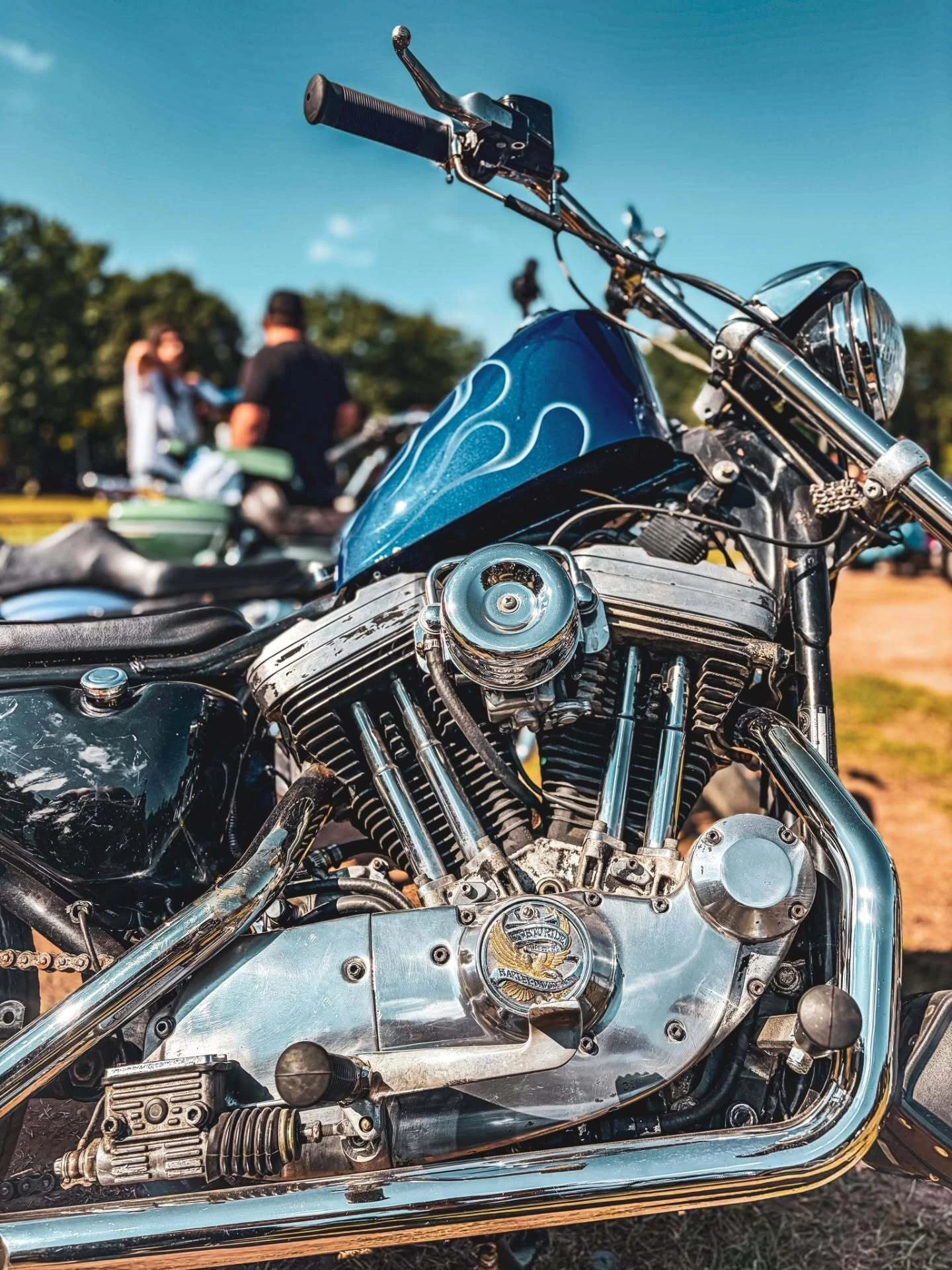 Sportster Evolution motor under a blue tank at DBR 2026