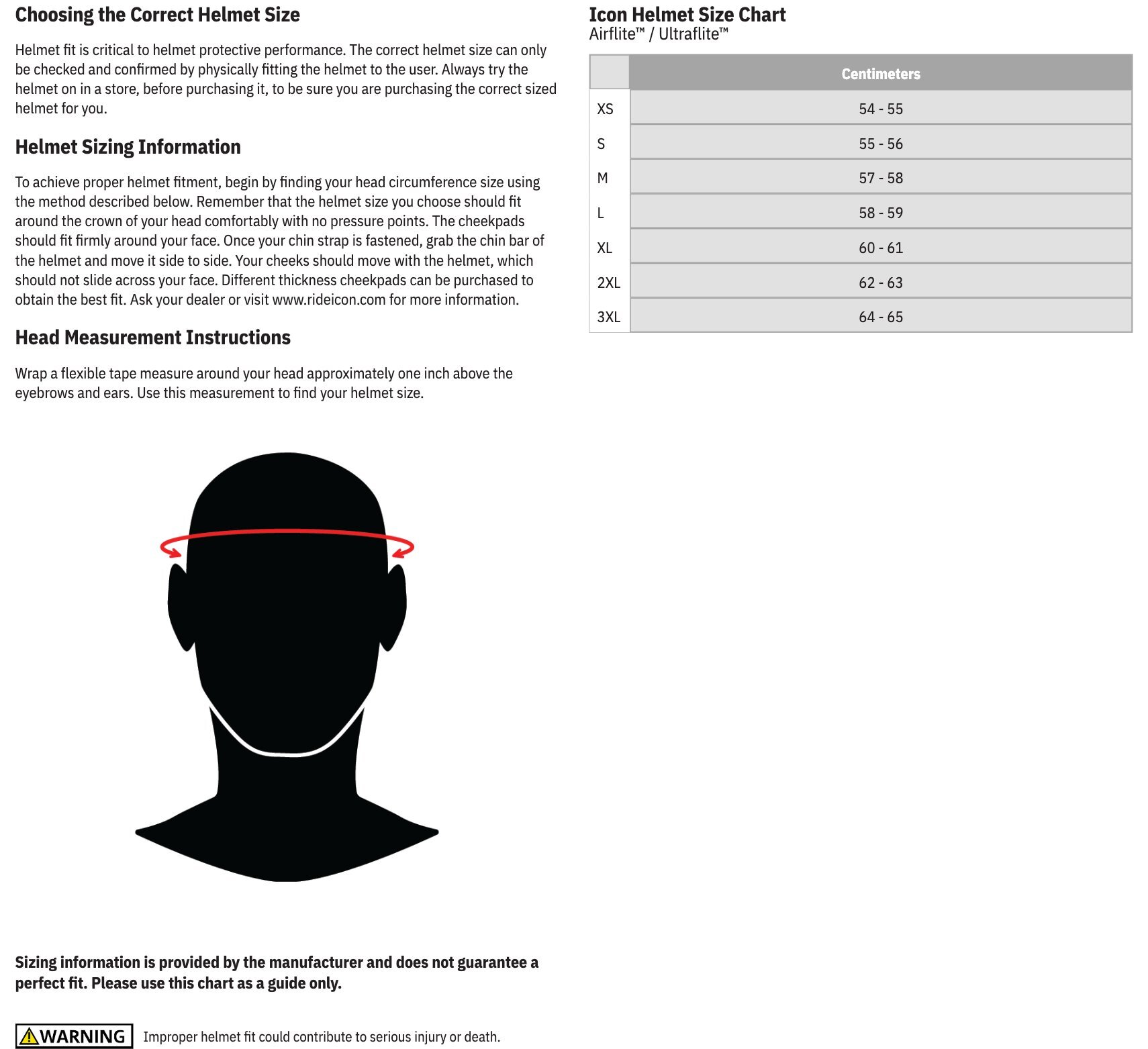 ICON Airflite / Ultraflite helmet size chart