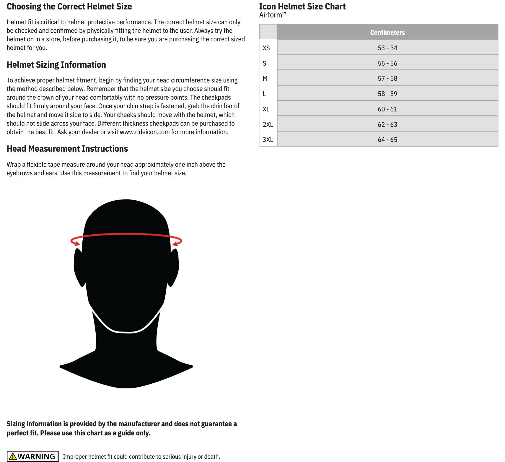 ICON Airform helmet size chart