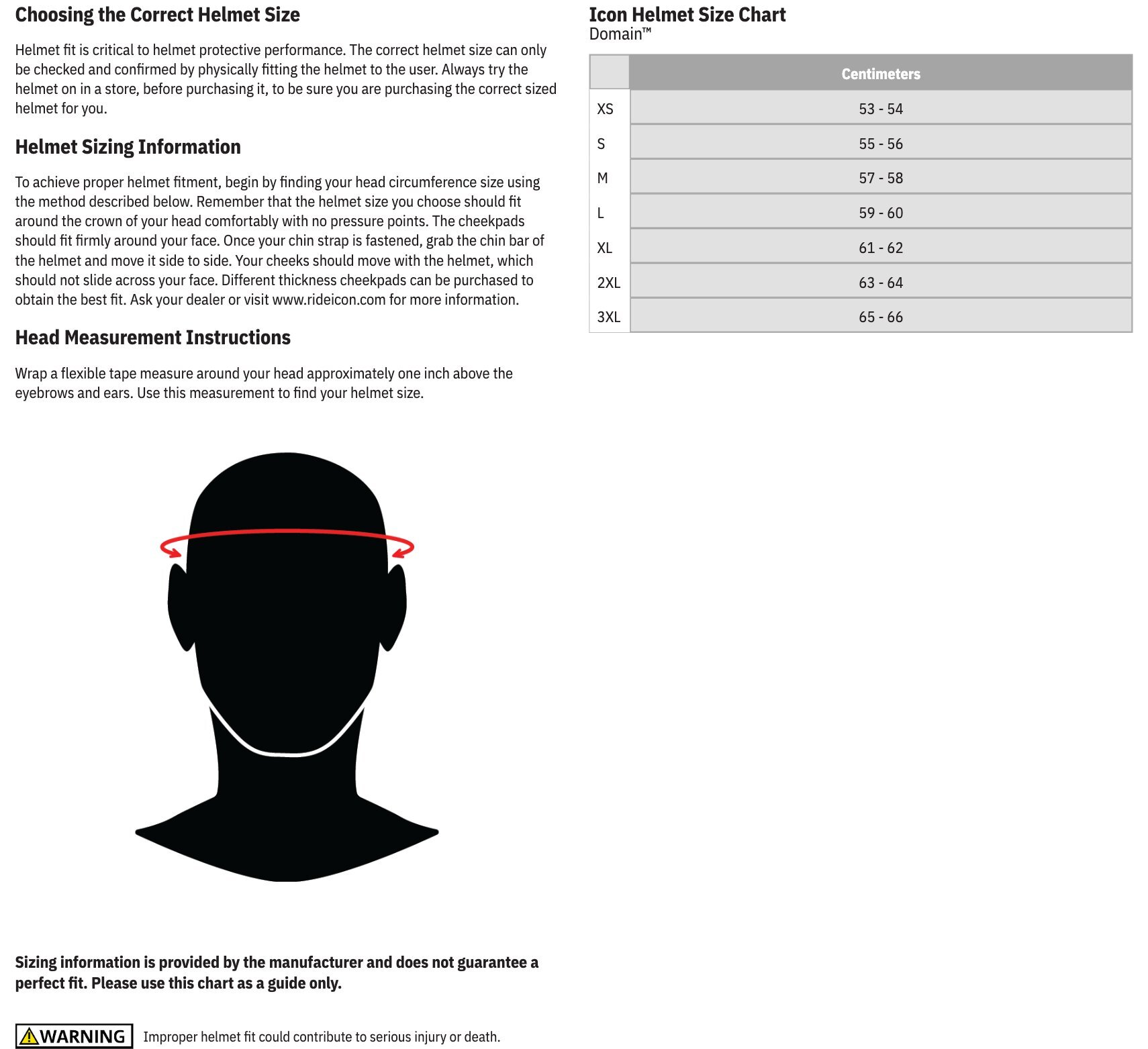 ICON Domain helmet size chart