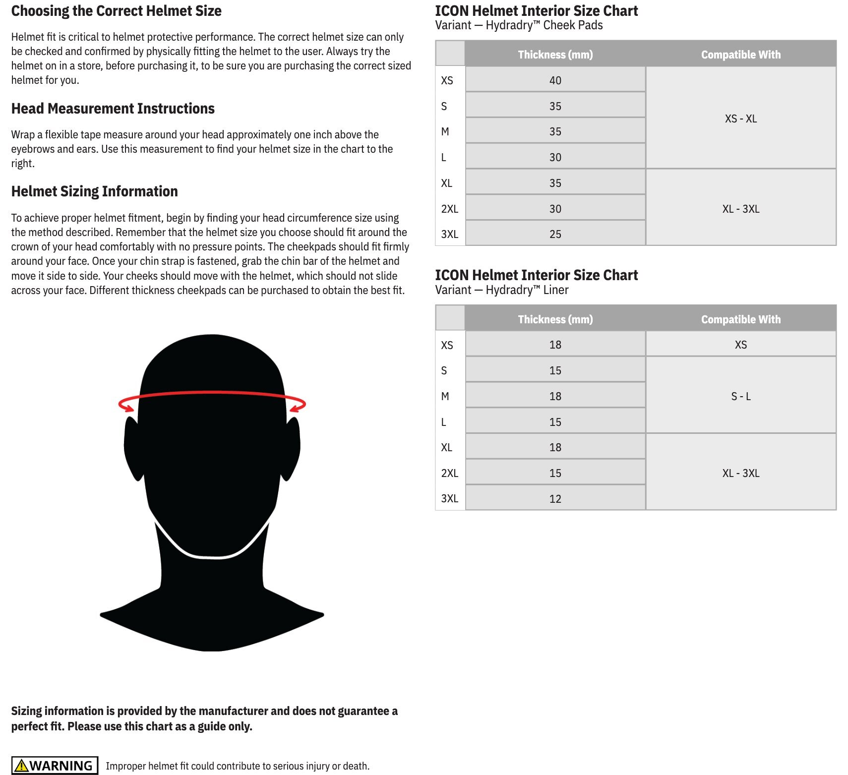 ICON Variant interior size chart