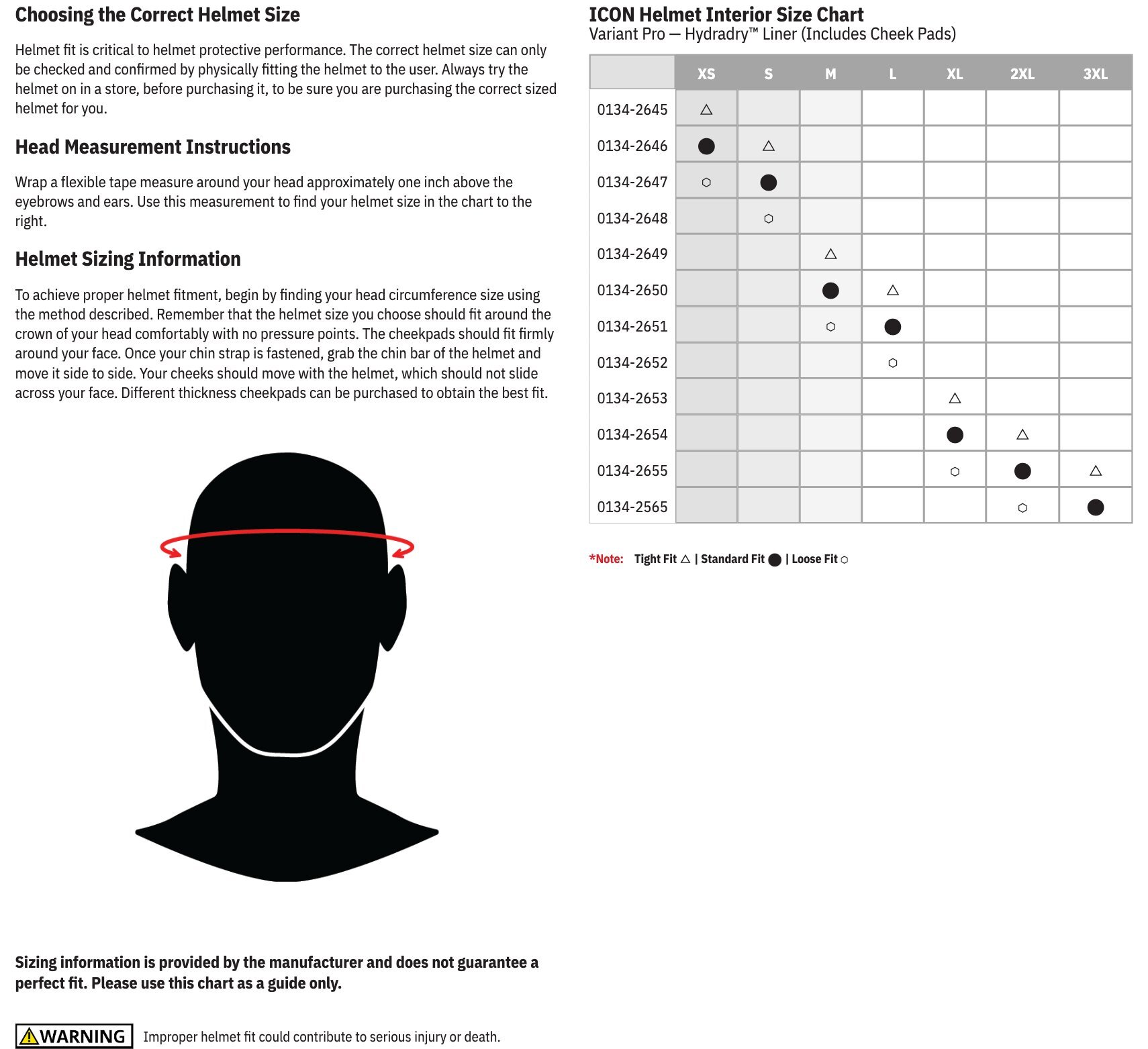 ICON Variant Pro interior size chart