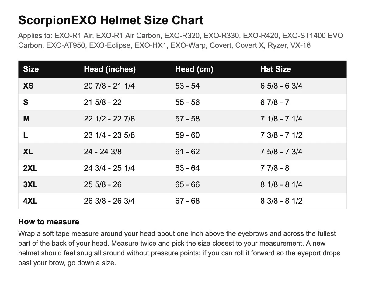 ScorpionEXO helmet size chart