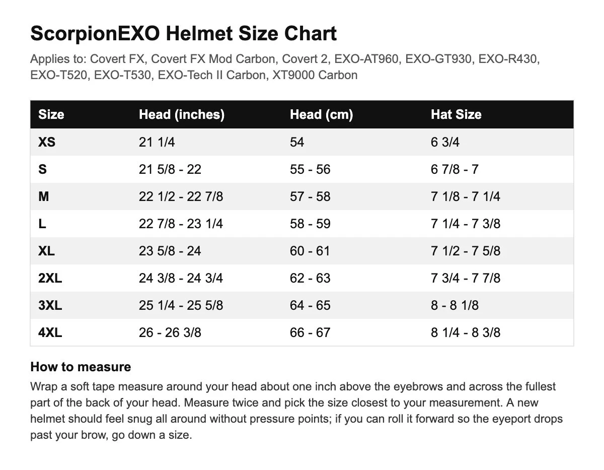 ScorpionEXO helmet size chart