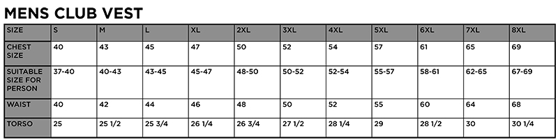 Mens Vest Size Chart