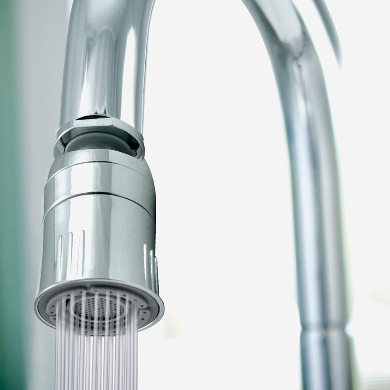 Chrome Dual-Spray Swivel Aerator attached to faucet