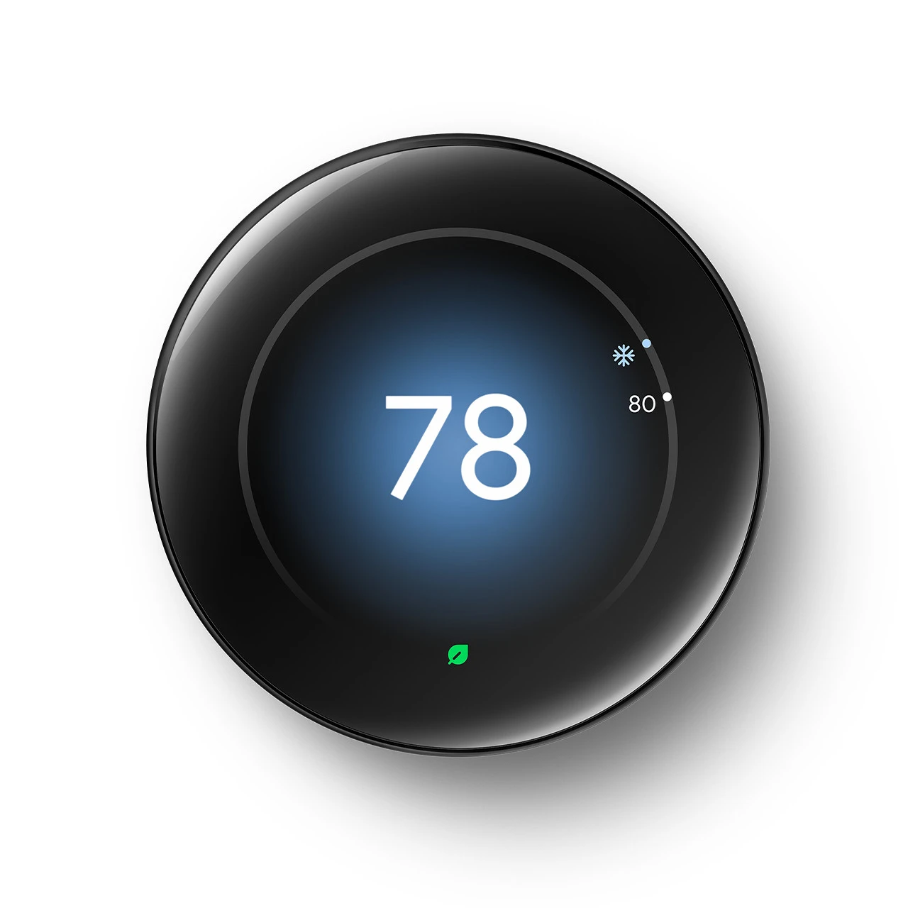 Nest Learning Thermostat Polished Obsidian front view set to 78 cooling