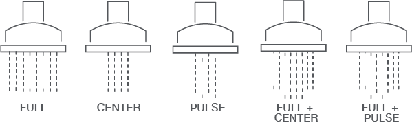 infographic of a showerhead 5 spray setting: full, center, pulse, full plus center and full plus pulse