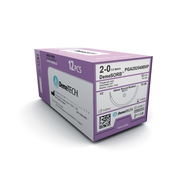Product DemeTECH DemeSORB, Polyglycolic Acid, 75cm Long, Violet, 0, 30 MM Needle, 1/2 Circle, RC DCPA | PGA280030B4P Image