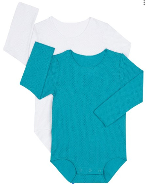 Bonds Wondercool Eyelet Longsleeve Bodysuit 2pk - (Size 0   6-12m) White/Teal