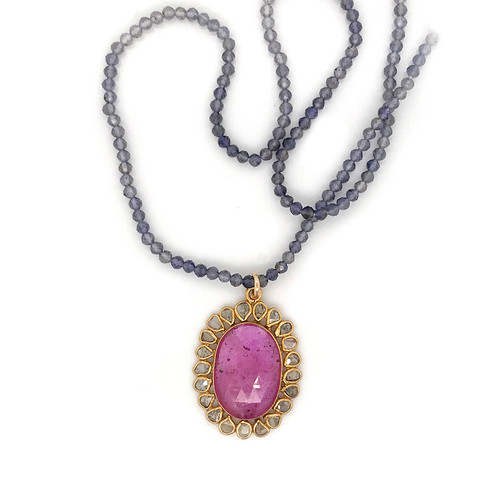 Sliced Ruby & Diamond Flower Pendant on Iolite Sliced Ruby & Diamond Flower Pendant on Iolite