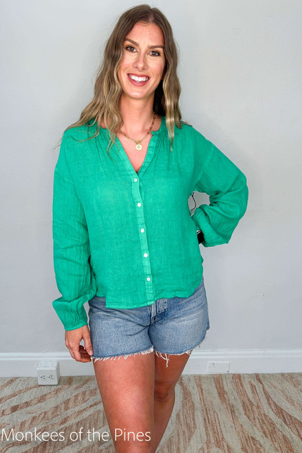 Shirred Neck Blouse - Tropical Green