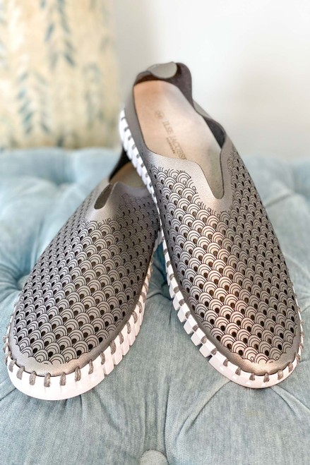 Ilse Jacobsen Flats in Gunmetal - Iconic Tulip shoe with metallic appearance, made from recycled microfiber and eco-friendly natural rubber outsole. Pig suede-lined insole for superior comfort. Available at Monkee's of the Pines. 
