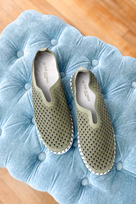 Ilse Jacobsen Flats in Army Green - Lightweight, practical, and stylish shoe with laser-cut pattern and natural rubber outsole. Available at Monkee's of the Pines.