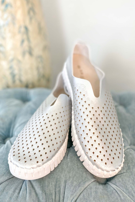 Ilse Jacobsen Flats in Silver - Iconic Tulip shoe with metallic appearance, made from recycled microfiber and eco-friendly natural rubber outsole. Pig suede-lined insole for superior comfort. Available at Monkee's of the Pines.