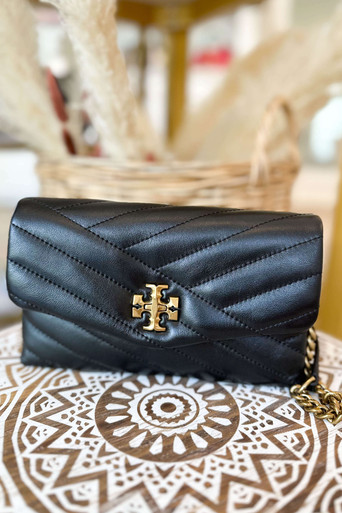 Tory Burch Kira Chevron Metallic Logo Chain Wallet in Black