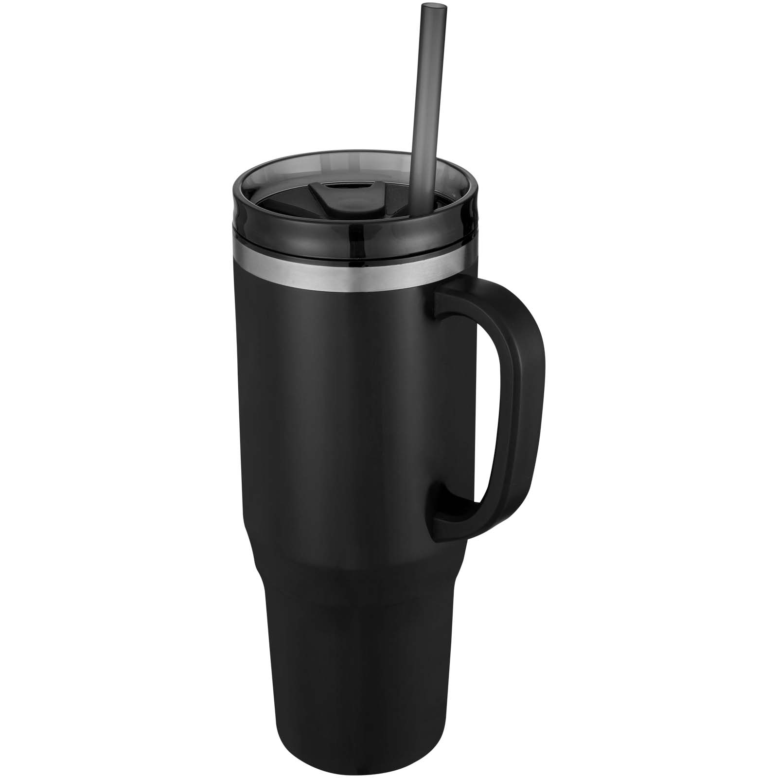 Tryck på Isolerad Mugg 1200ml med Sugrör av Återvunnet Material — Svart