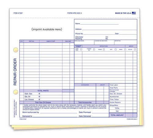 Custom Imprinted Repair Orders RO-600-3