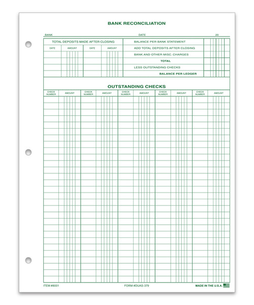 Bank Reconciliation Form DUAS-379 (Pack of 25)