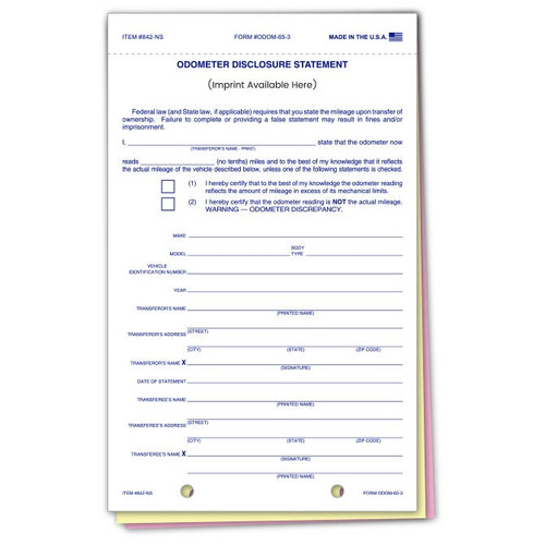 Custom Imprinted Plain Odometer Disclosure ODOM-65-3