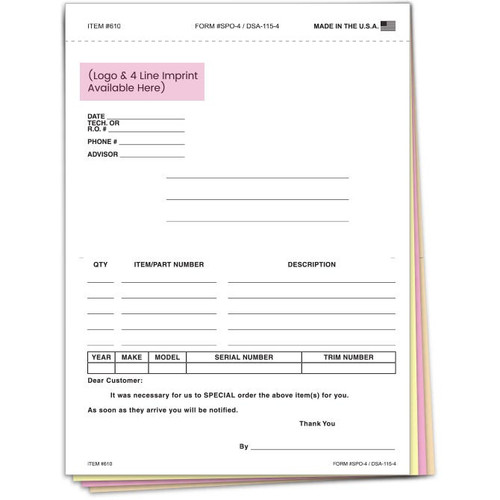 Custom Imprinted Special Parts Order Form SPO-4