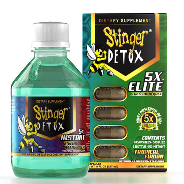 STINGER DETOX - 5x ELITE COMBO PACK - TROPICAL FRUIT 5x INSTANT 8oz / 5x BUZZ CAPS 4ct (MSRP $)