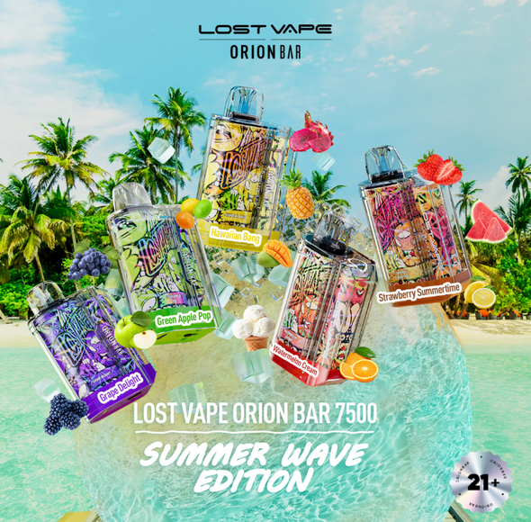 LOST VAPE ORION BAR SUMMER WAVE EDITION 18ml 650mAh 7500PUFFS PREFILLED NICOTINE SALT RECHARGEABLE DISPOSABLE DEVICE | DISPLAY OF 10 (MSRP $24.99each)