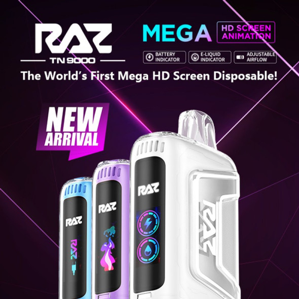 RAZ TN9000 12ml 9000 PUFFS 650mAh PREFILLED NICOTINE SALT RECHARGEABLE DISPOSABLE DEVICE with E-LIQUID & BATTERY INDICATOR & ADJUSTABLE AIRFLOW | DISPLAY OF 5 (MSRP $21.99)