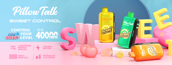 PILLOW TALK SWEET CONTROL SC40000 PUFFS 20ML DISPOSABLE DEVICE with ICE & SWEET CONTROL LED SCREEN - TEXAS COMPLIANT SB2024 | DISPLAY OF 5 (MSRP $24.99 Each)