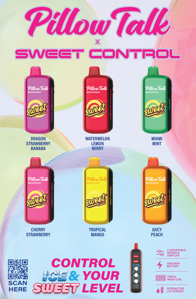 PILLOW TALK SWEET CONTROL SC40000 PUFFS 20ML DISPOSABLE DEVICE with ICE & SWEET CONTROL LED SCREEN - TEXAS COMPLIANT SB2024 | DISPLAY OF 5 (MSRP $24.99 Each)