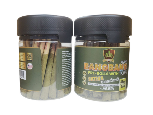 CROWNZEN - BANG BANG BLEND with KIEF THC-A + THC-JD + THC-P + CBN + D8 LIVE RESIN 2GRAMS PRE ROLL JOINTS | DISPLAY OF 40 (MSRP $each)