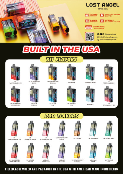 LOST ANGEL MATE 50K KIT DISPOSABLE (50000 PUFFS) BUILT IN THE USA - TEXAS COMPLIANT | DISPLAY OF 5 (MSRP $) LOST ANGEL MATE 50K KIT DISPOSABLE (50000 PUFFS) BUILT IN THE USA - TEXAS COMPLIANT | DISPLAY OF 5 (MSRP $)