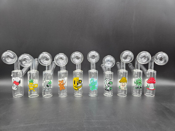 4.5" GLASS OIL BURNER TUBE with STICKERS CLEAR 25MM - OB6039 (35727) ASSORTED DESIGN | SINGLE (MSRP $10.00)