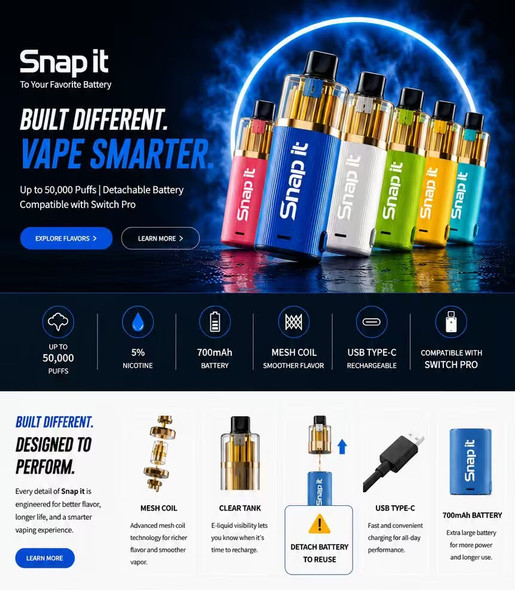SNAP IT KIT 50K PUFFS DISPOSABLE - TX COMPLIANT | DISPLAY OF 5 (MSRP $)